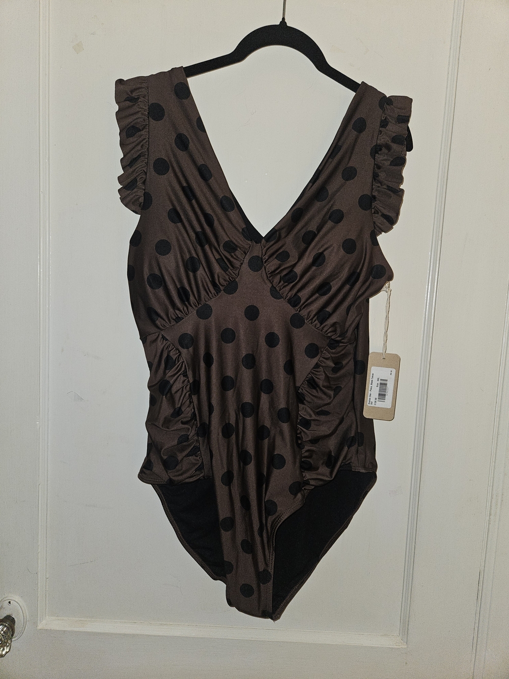 NWT- Albion Brown One-Piece Swimsuit with Black Polka Dots and Ruffle Details